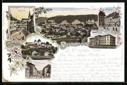 Lithographie Burgdorf, Schloss, Schmiedengasse, Metzgerasse, Technikum und Hohengasse, Gesamtansicht