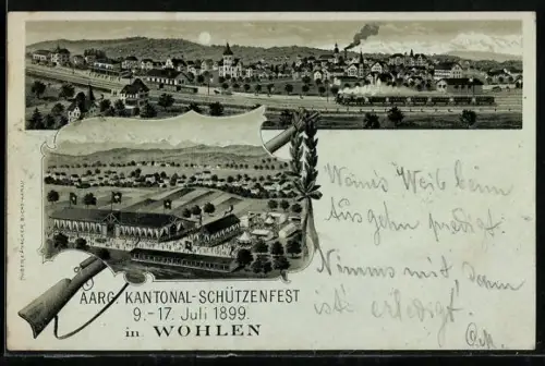 Mondschein-Lithographie Wohlen /AG, Aargauer Kantonal-Schützenfest 1899, Ortsansicht mit Bahnstrecke