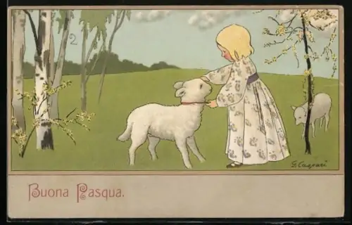 Künstler-AK Gertrud Caspari: Mädchen streichelt den Kopf eines Osterlamms, Buona Pasqua