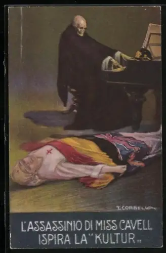 Künstler-AK Tito Corbella: The murder of Miss Cavell inspires German Kultur, Der Tod am Flügel und Miss Cavell am Boden