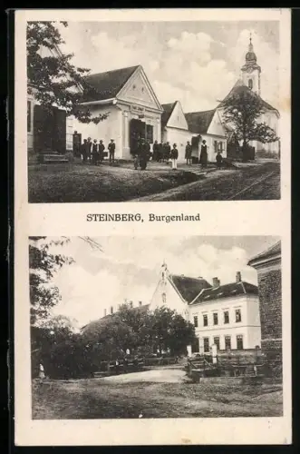 AK Steinberg /Burgenland, Ortspartie mit Kirche und Geschäft von Franz Schmidt