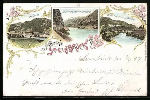 Lithographie Steinbrück, Cementfabrik von der Sannbrücke gesehen, Eisenbrücke Steinbrück-Ratschach