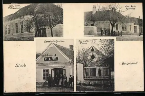 AK Stoob /Burgenland, Gemeinde-Gasthaus, röm-kath. Kirche und Pfarrhof, Volksschule