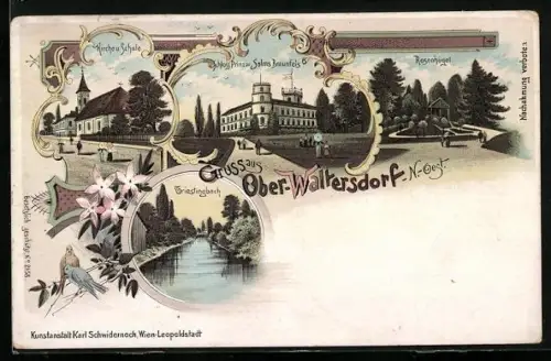Lithographie Ober-Waltersdorf, Kirche und Schule, Schloss Prinz zu Solms Braunfels, Rosenhügel