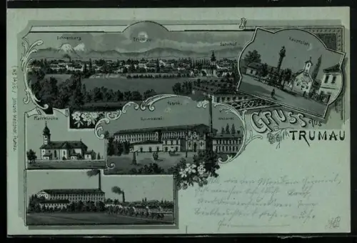 Mondschein-AK Trumau, Hauptplatz, Spinnerei, Weberei, Pfarrkirche, Blick auf den Schneeberg