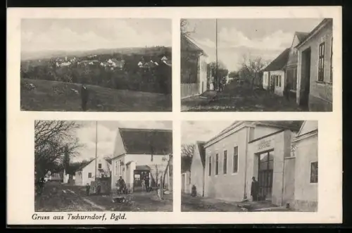 AK Tschurndorf /Bgld., Strassenpartie mit Wohnhäusern, Eingang zur Volksschule