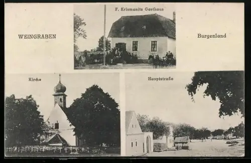 AK Weingraben /Burgenland, F. Krismanits Gasthaus, Partie in der Hauptstrasse, Kirche