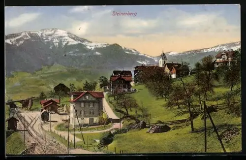AK Steinerberg, Ortsansicht mit Bahnhof und Kirche