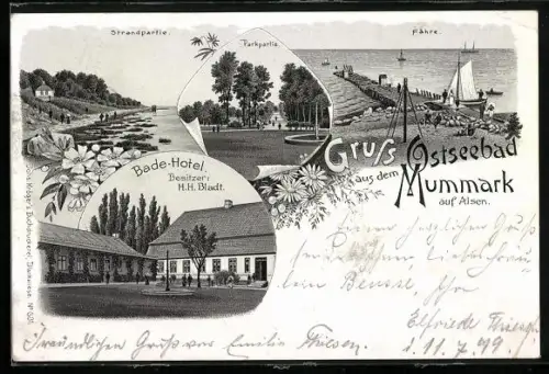 AK Mummark auf Alsen, Bade-Hotel, Besitzer H. H. Bladt, Strandpartie, Parkpartie, Fähre