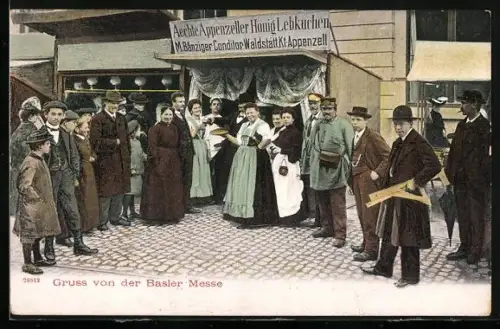AK Basel, Basler Messe, Stand der Echten Appenzeller Honig-Lebkuchen mit Personengruppe