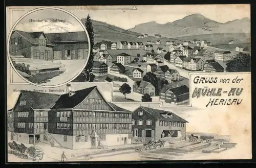 AK Herisau, Gasthaus und Sägerei zur Steinmühle, Remise und Stallung, Ortsansicht aus der Vogelschau