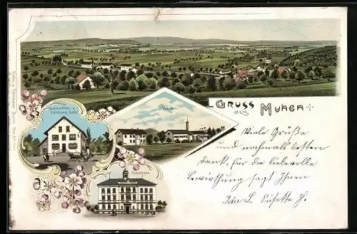 Lithographie Muhen /AG, Restaurant und Handlung Haller, Schulhaus und Fabrik, Gesamtansicht