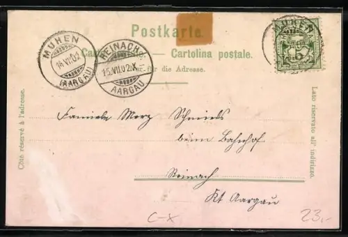 Lithographie Muhen /AG, Restaurant und Handlung Haller, Schulhaus und Fabrik, Gesamtansicht