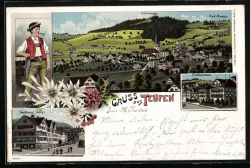 Lithographie Teufen, Gasthaus Adler, Dorfstrasse, Mann in Tracht, Ortsansicht mit Fröhlichsegg
