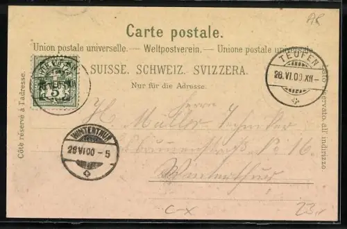 Lithographie Teufen, Gasthaus Adler, Dorfstrasse, Mann in Tracht, Ortsansicht mit Fröhlichsegg