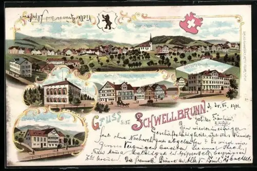 Lithographie Schwellbrunn, Gasthaus zum Säntisblick, Gasthof z. Hirschen, Gasthof z. Kreuz, Gesamtansicht