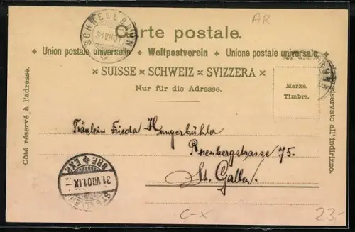 Lithographie Schwellbrunn, Gasthaus zum Säntisblick, Gasthof z. Hirschen, Gasthof z. Kreuz, Gesamtansicht