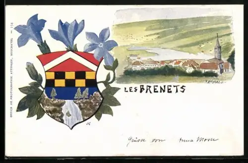 AK Les Brenets, Ortspartie mit Kirche, Wappen