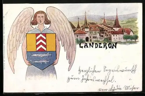 Künstler-AK Landeron, Ortspartie mit Türmen, Engel mit Wappen