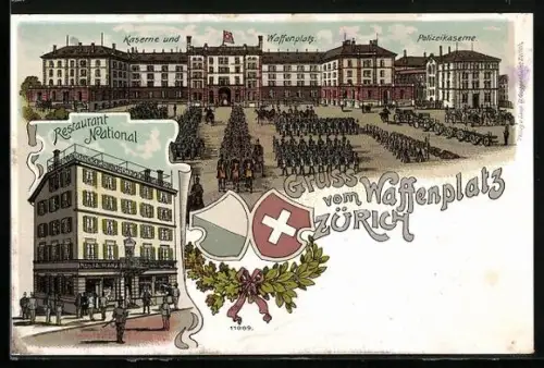 Lithographie Zürich, Kaserne, Waffenplatz und Polizeikaserne, Restaurant National