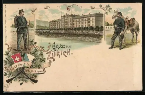 Lithographie Zürich, Gebäudeansicht, Soldaten