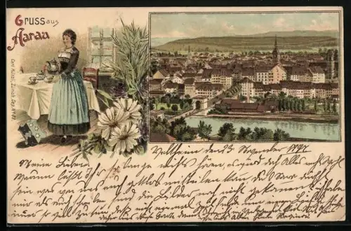 Lithographie Aarau, Frau serviert Tee, Totalansicht über die Dächer