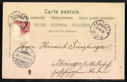 Lithographie Aarau, Frau serviert Tee, Totalansicht über die Dächer