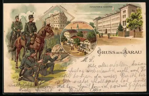 Lithographie Aarau, Infanterie-Kaserne, Kavallerie-Kaserne, Cantine, Soldaten in Uniform