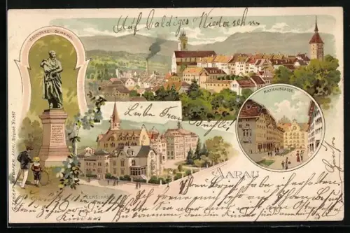 Lithographie Aarau, Zschkke-Denkmal, Ortsansicht, Rathausgasse, Feerstrasse