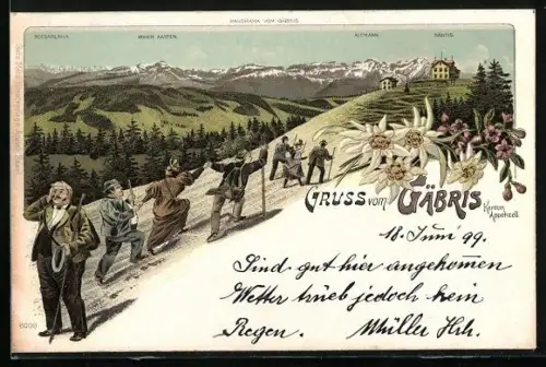 Lithographie Gäbris, Bergsteiger erklimmen den Gipfel, Alpenpanorama
