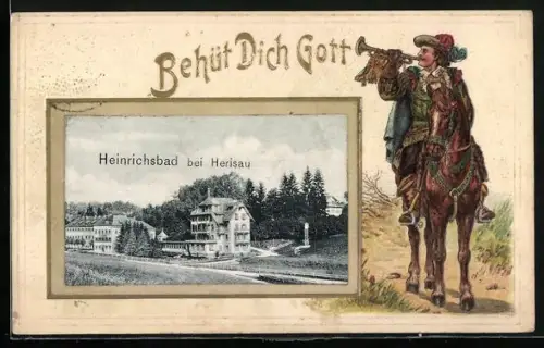 Lithographie Herisau, Heinrichsbad, Passepartout mit Trompeter Behüt Dich Gott