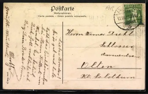 Lithographie Herisau, Heinrichsbad, Passepartout mit Trompeter Behüt Dich Gott