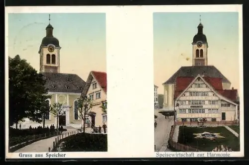 AK Speicher, Gasthaus zur Harmonie, Blick zur Kirche