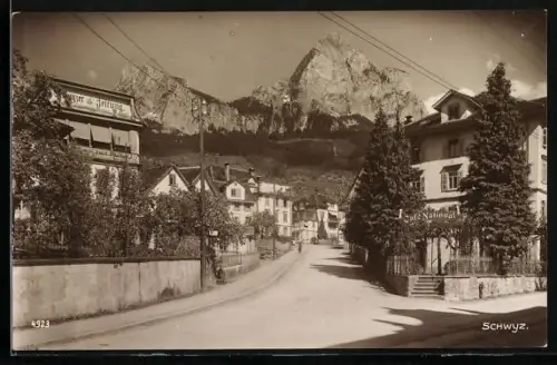 AK Schwyz, Café National, Strassenpartie und Gipfelpanorama