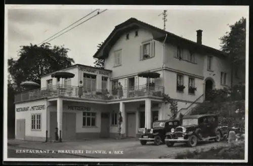 AK Beinwil a. See, Restaurant z. Brauerei und Metzgerei mit zwei Autos