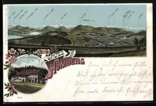 Lithographie Reinach /AG, Gruss vom Homberg, Restaurant Homberg, Ortsansicht mit Gebirgskette, Titlis, Pilatus