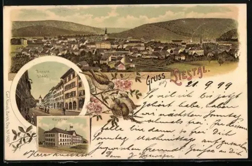 Lithographie Liestal, Kaserne, Innere Stadt, Ortspanorama