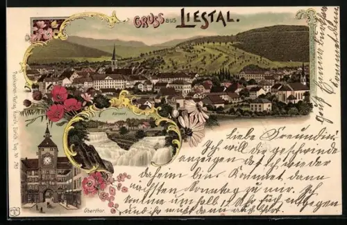 Lithographie Liestal, Strassenpartie mit Obertor und Passanten, Wasserfall am Kessel, Panorama