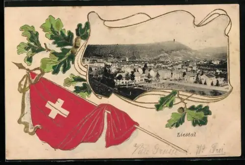 AK Liestal, Ortsansicht im Eichenblatt-Passepartout, Schweizer Flagge