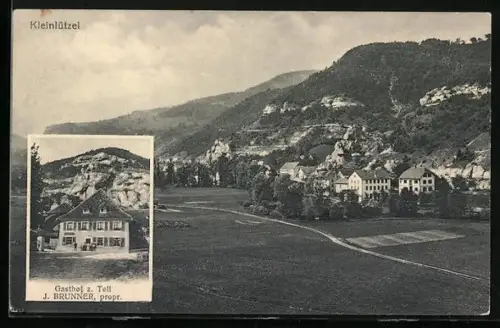 AK Kleinlützel, Gasthof z. Tell, Inh. J. Brunner, Ortsansicht mit Bergpanorama
