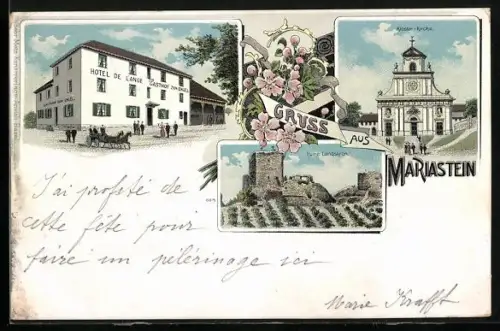 Lithographie Mariastein, Hotel de L`Ange, Gasthaus zum Engel, Ruine Landskron, Kloster-Kirche