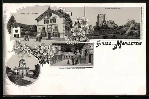 Lithographie Mariastein, Hotel de la Poste, Kloster-Kirche, Ruine Landskron, Unterirdische Gnadenkapelle