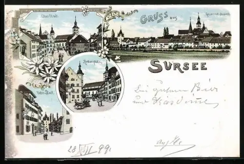 Lithographie Sursee, Kirchenplatz, Ober-Stadt, Unter-Stadt