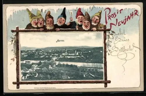 AK Aarau, Ortsansicht im Zwergen-Passepartout, Prosit Neujahr