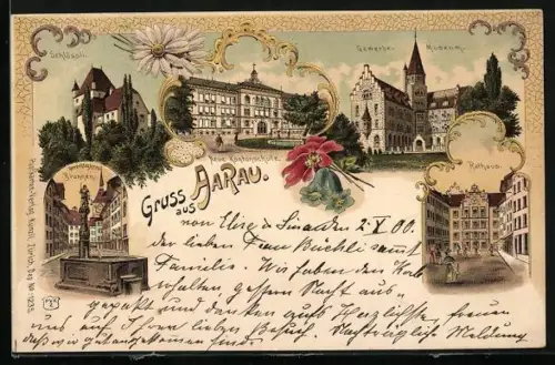 Lithographie Aarau, Neue Kantonschule, Gewerbe-Museum, Schlössli, Rathaus, Brunnen