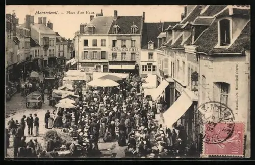 AK Montmirail, Place d`en Haut, scène animée avec marché et foule