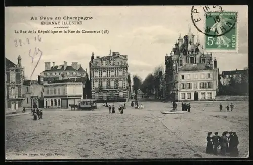 AK Épernay, La Rue de la République et la Rue du Commerce