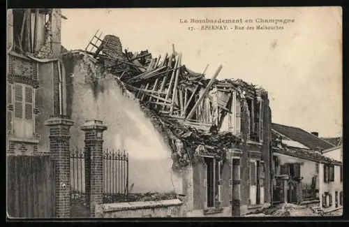 AK Épernay, Rue des Maloches après le bombardement en Champagne