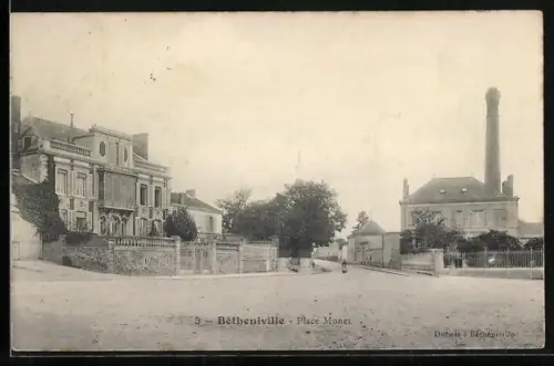 AK Bétheniville, Place Muset avec bâtiments historiques et cheminée industrielle