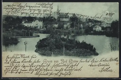 Mondschein-AK Bad Elster, Louisa-See mit Stadtpanorama im Hintergrund